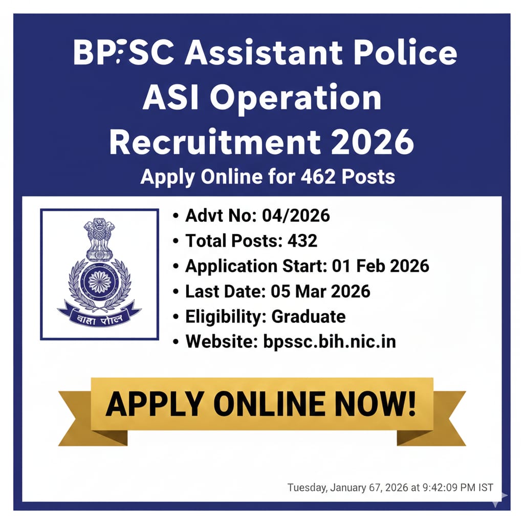 You are currently viewing Bihar Police ASI (Operation) Recruitment 2026: Apply Online for BPSSC ASI Vacancy