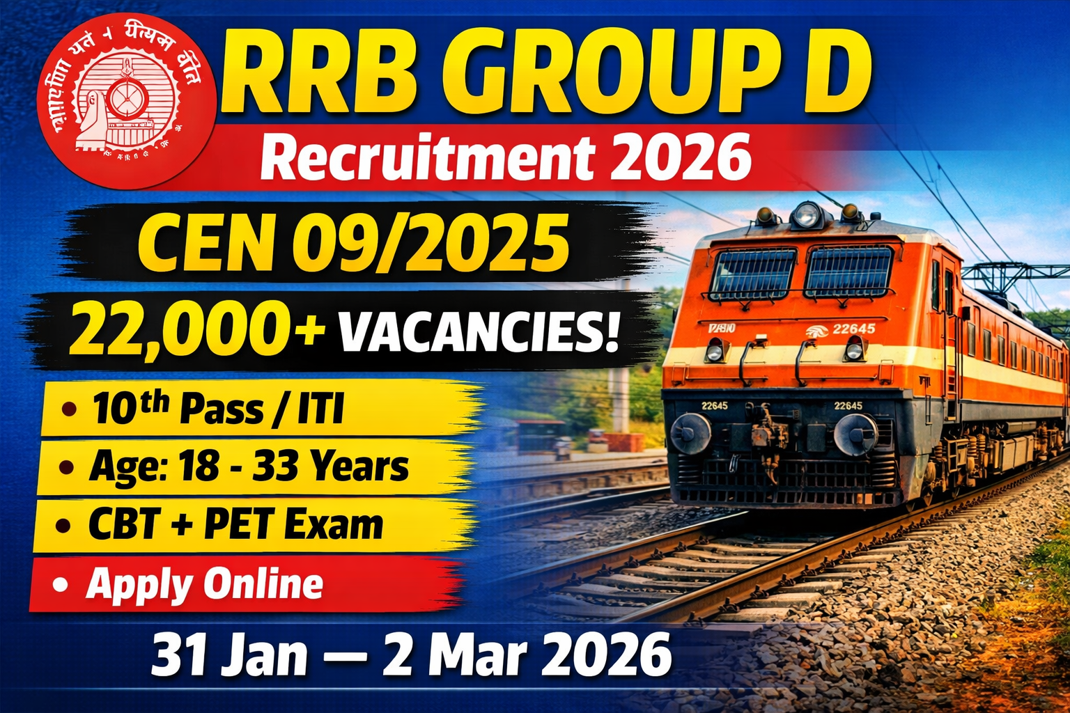 You are currently viewing RRB Group D Recruitment 2026 Apply Online – CEN 09/2025 Level-1 22000+ Posts